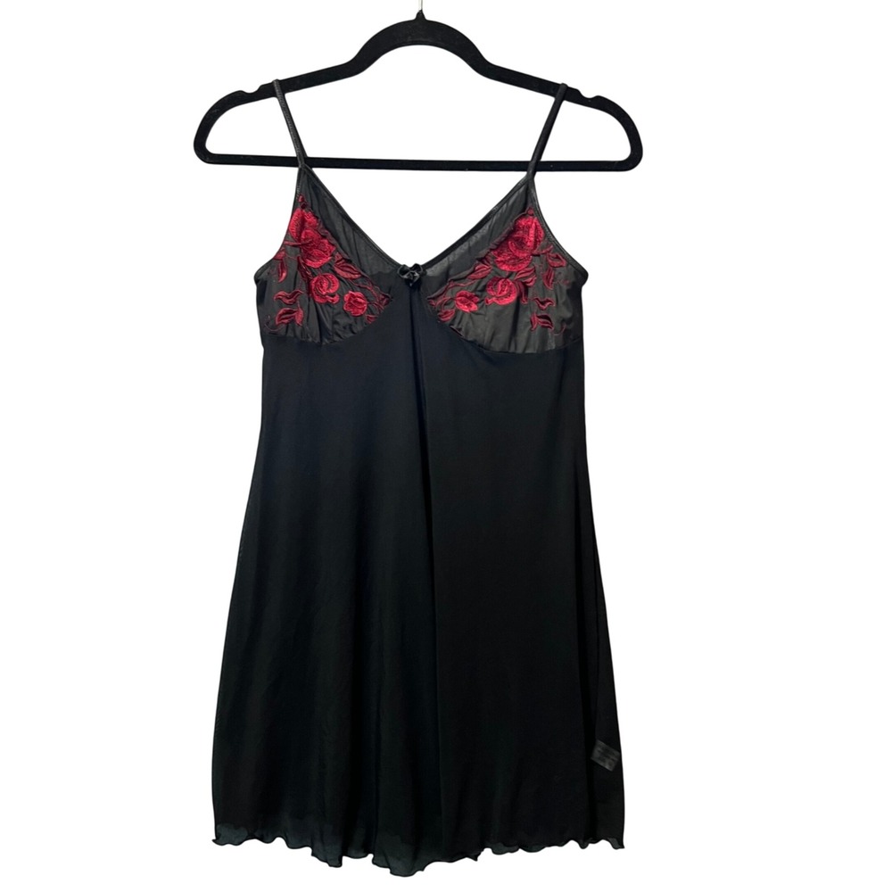 Black Chemise with Red Floral Embroidered Cups